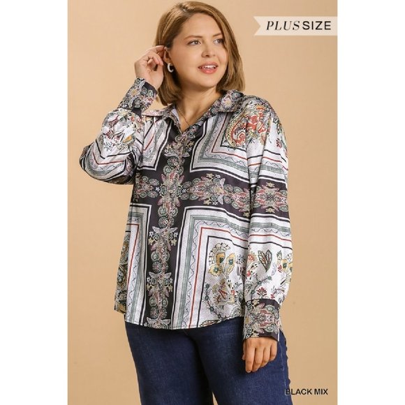 Umgee Tops - Umgee Plus Black Mix Satin Print High Low Scoop Hem Long Sleeve No Lining Top